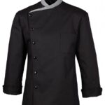 Black polycotton long sleeve chef's jacket with a mandarin collar and double-breasted design.