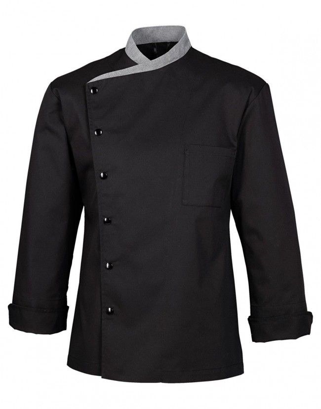 Black polycotton long sleeve chef's jacket with a mandarin collar and double-breasted design.