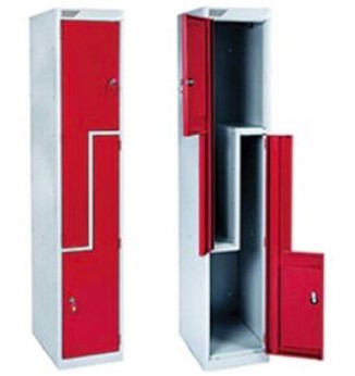 Red and white athletic lockers with secure compartments for storing personal items.