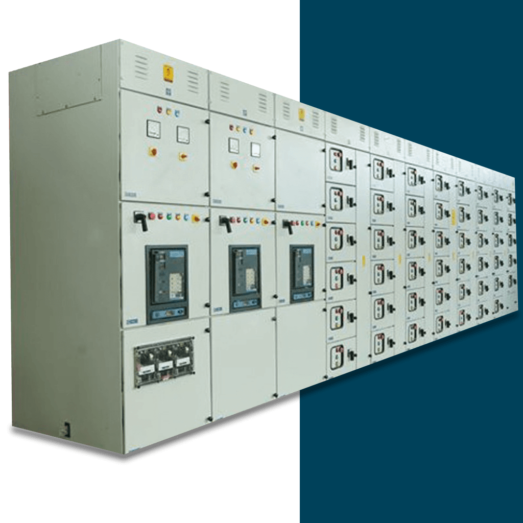 A Motor Control Center (MCC) unit with multiple compartments, equipped with control switches, circuit breakers, and indication lamps.