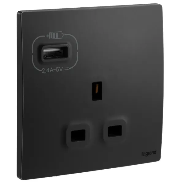 LEGRAND - British Standard Single Pole Socket Outlet with USB Type-A 2.4 A Charger Mallia, 1 Gang, Unswitched, 13 A, 250 V~, Matt Black