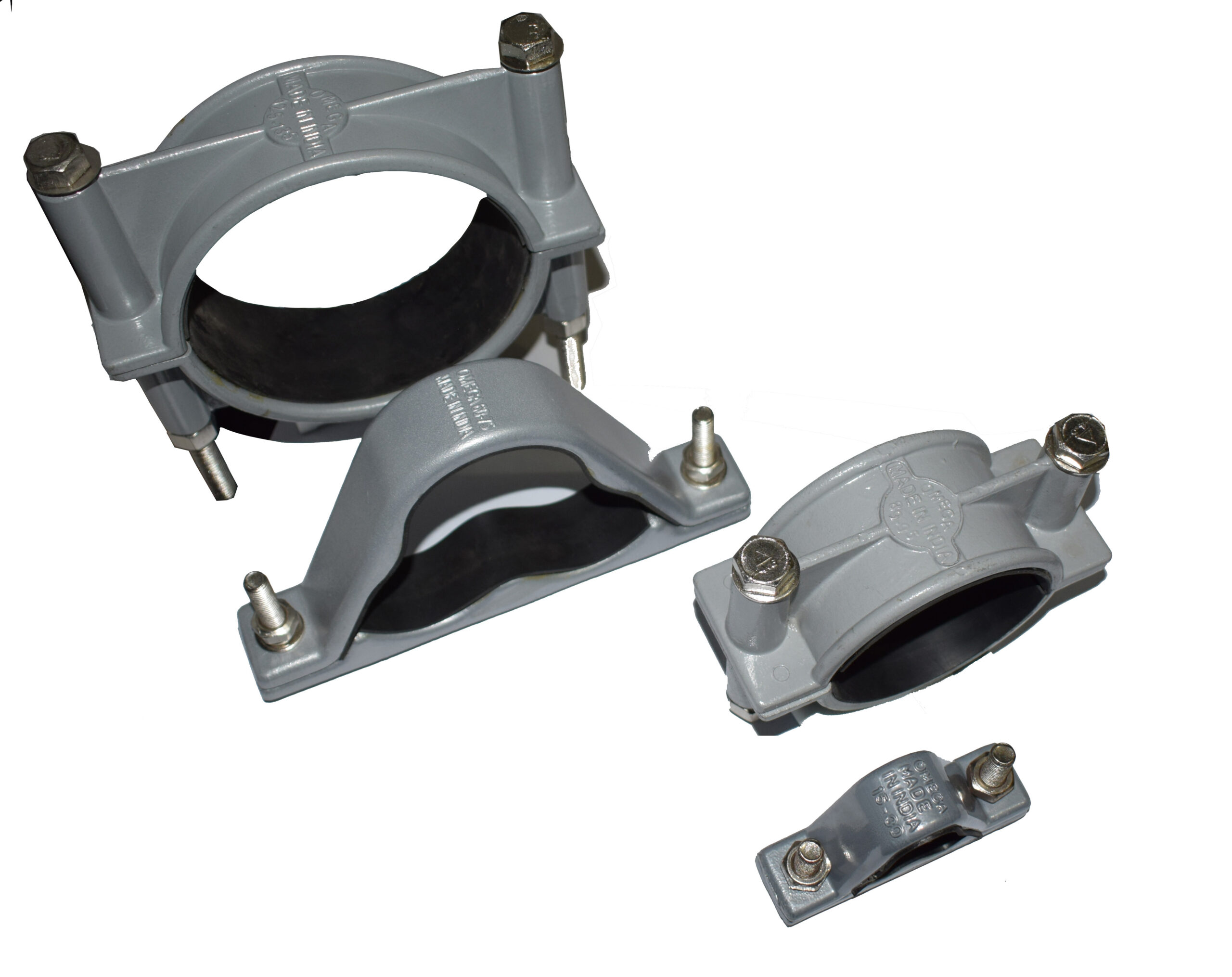 Various sizes of OMEGA cable cleats and clamps, designed for securing electrical cables in different configurations.