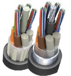 A close-up of two direct buried cables with multiple colored fiber optic strands, designed for underground installation.
