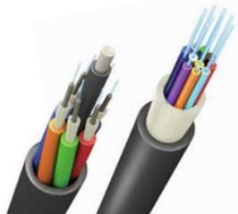 Drop Cables - A close-up of two drop cables, each containing multiple colored fiber optic strands within protective outer sheaths.