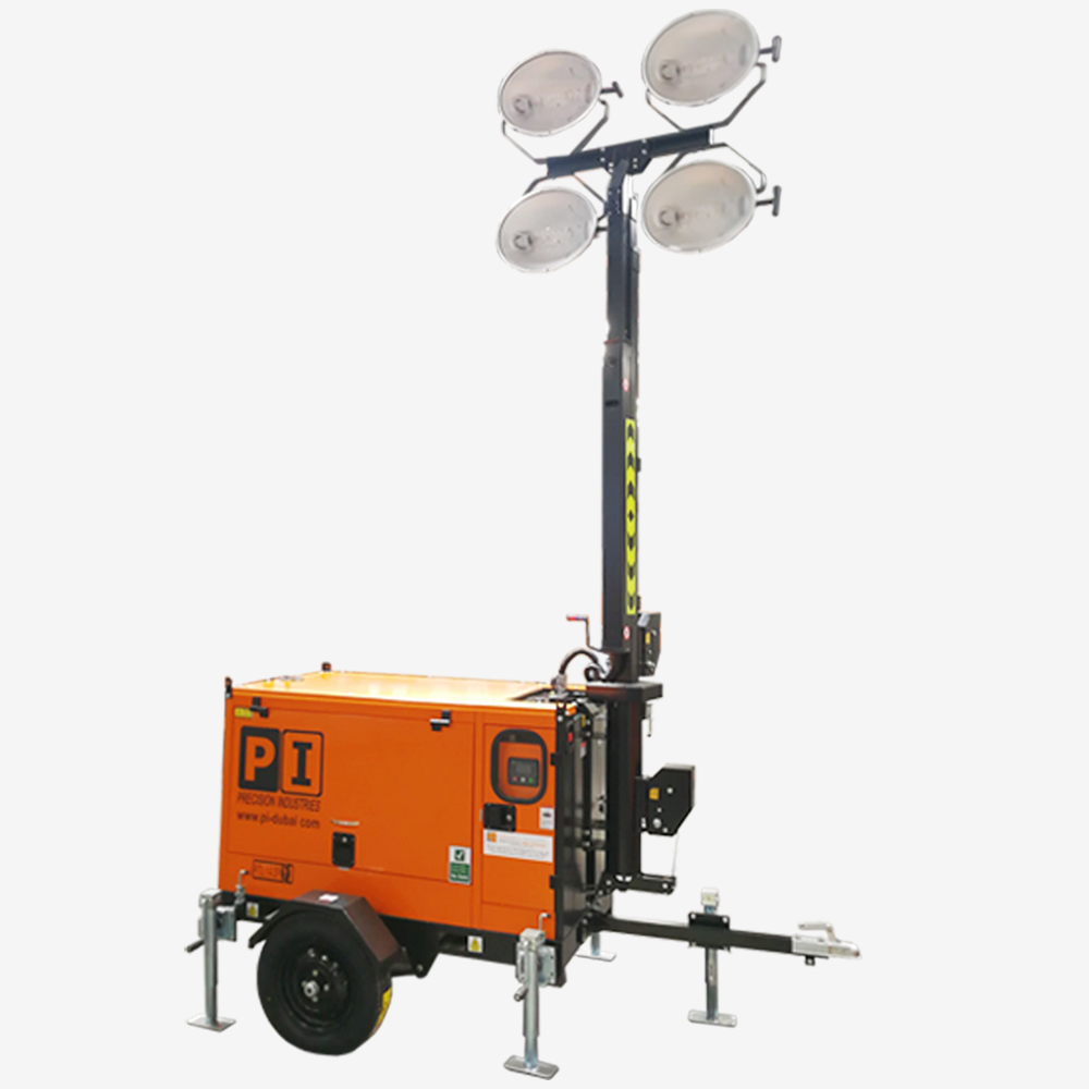 A PI Mobile Lighting Tower equipped with four metal halide lamps, mounted on a trailer for easy transport and setup.