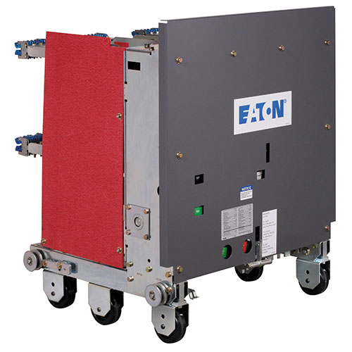 Eaton MV VCP-W Medium-voltage vacuum circuit breaker with wheels for easy handling and maintenance.