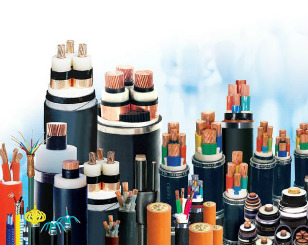 A variety of Bahra Cables power cables, showcasing different types and sizes, arranged vertically against a white and blue background.