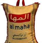 A package of Al Maha Sella Basmati Rice, featuring a beige and red design with Arabic and English text.