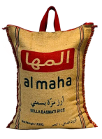 A package of Al Maha Sella Basmati Rice, featuring a beige and red design with Arabic and English text.