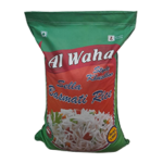 A package of Al Waha Sella Basmati Rice, featuring a decorative green and red design with an image of cooked rice at the bottom.