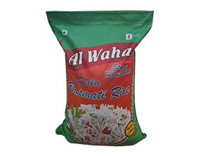 A package of Al Waha Sella Basmati Rice, featuring a decorative green and red design with an image of cooked rice at the bottom.