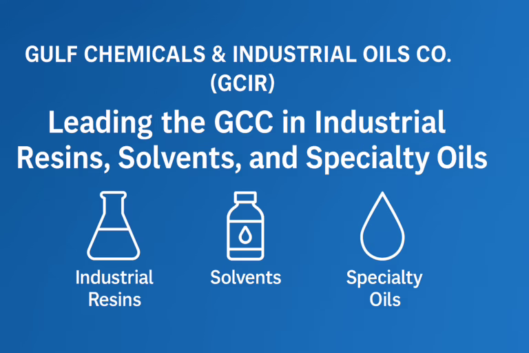 Featured banner for Gulf Chemicals & Industrial Oils (GCIR), highlighting leadership in GCC for industrial resins, solvents, and specialty oils with modern icons and blue gradient background.